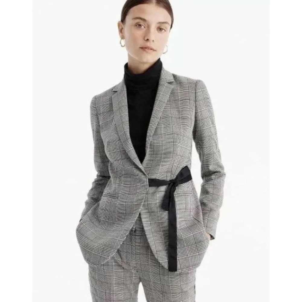 J.Crew Glen Plaid Side Tie Bow Blazer Grey Red Plaid Jacket Womens Petite Size 8